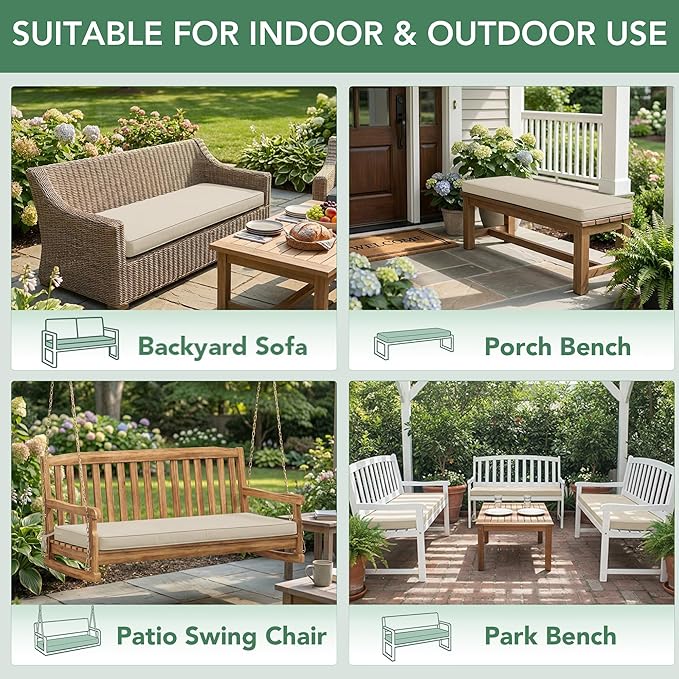 Outdoor Bench Cushion: Waterproof and Fade Resistant Patio Furniture Cushions - Non-Slip Bench Pad Cushion with Removable Cover for Garden Swing Porch Sofa Settee, 59 x 18 Inch, Beige