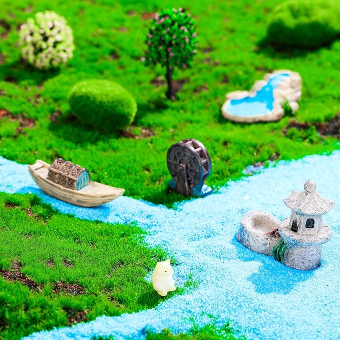 Jetec 12 Pcs Mini Fairy Garden Accessories Miniature Tiny Stone Bridge Mini Pond Mountain Moss Stones Water Well Waterwheel Figurines Resin Ornaments for DIY Craft, Lawn Pond Decor