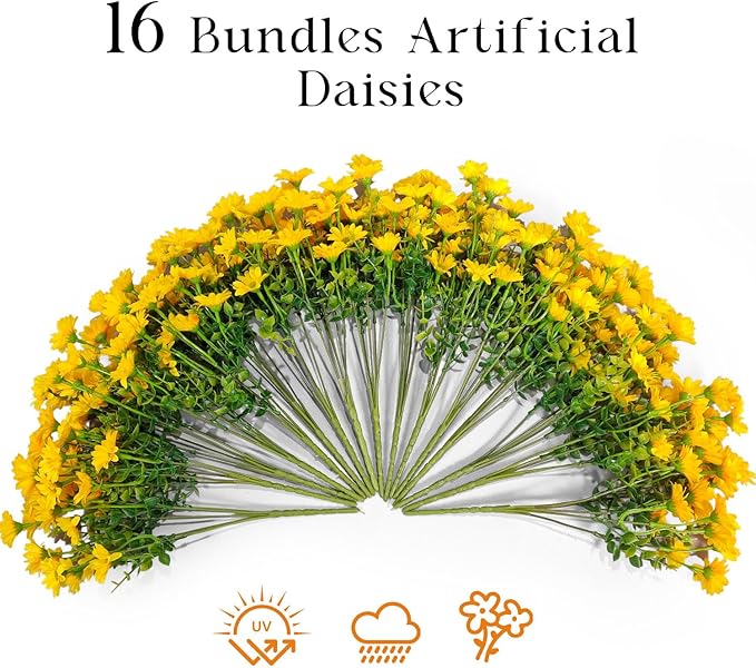 16 Bundles Silk Daisy Artificial Flowers for Outdoors UV Resistant Fake Daisies Plastic Plants Flower for Home Outside Front Door Porch Garden Patio Planters Decoration (Yellow)