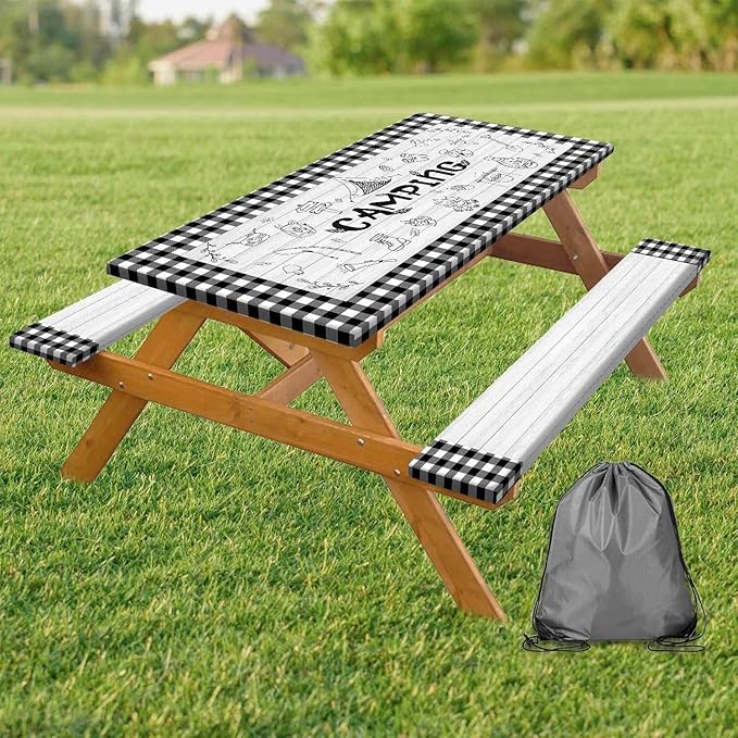 Picnic Table Cover with Bench Covers Checkered Camping Tablecloth, Waterproof Windproof Reusable Picnic Table Covers with Drawstring Bag, Outdoor Patio Camping Essentials, 72In 3PCS