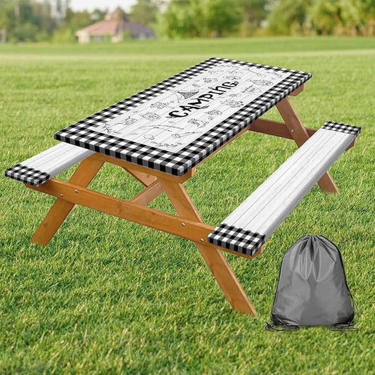 Picnic Table Cover with Bench Covers Checkered Camping Tablecloth, Waterproof Windproof Reusable Picnic Table Covers with Drawstring Bag, Outdoor Patio Camping Essentials, 72In 3PCS