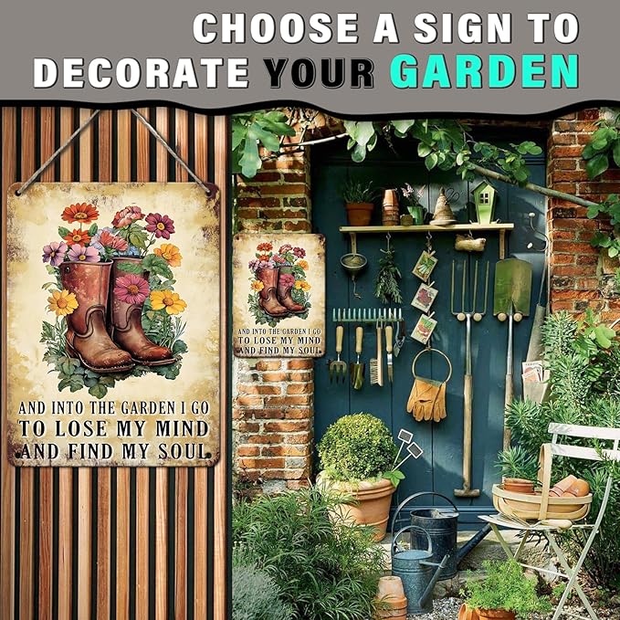 PEACHGARDEN Garden Retro Tin Sign And Into The Garden I Go To Lose My Mind And Find My Soul Metal Sign Outdoor Flowers Decor 12x16inch