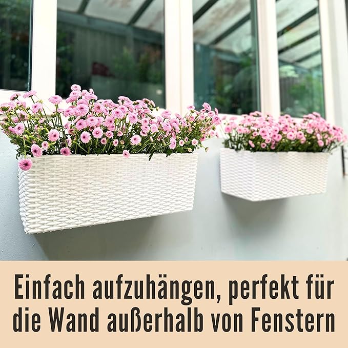 LaLaGreen Window Boxes Planters (20 Inch, 2 Pack) Outdoor Wall Hanging Flower Box with Bracket, Vertical Wall Mounted Self Watering White Rectangular Plant Container Modern Garden Herb Kitchen Indoor