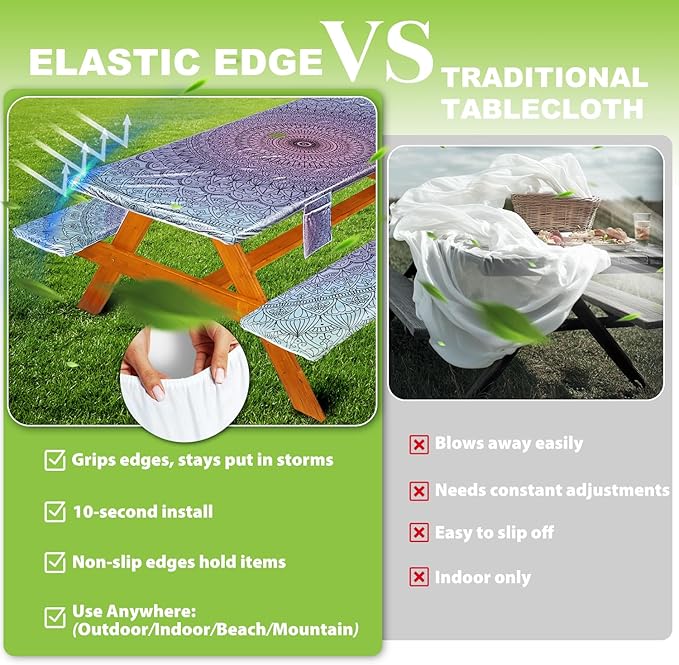 Picnic Table Cover with Bench Covers Vinyl Elastic Edges Fitted Rectangle Seat Tables Waterproof 3-Piece72X30in Set Outdoor Rectangular Folding Backing Tablecloth for Camping Over Size