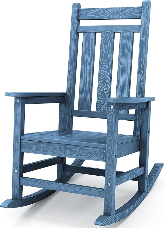 KINGYES Outdoor Rocking Chair, All-Weather Patio Rocking Chairs for Porch, HDPE Rocking Outdoor Chairs with High Back for Adult, Heavy Duty Outdoor Patio Rockers for Garden, Lawn, Blue