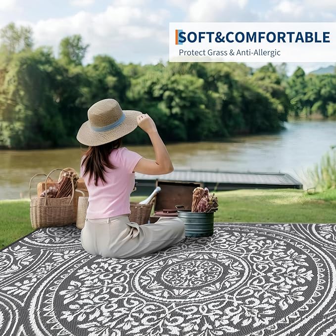 9x12 Outdoor Rug Waterproof Foldable Plastic Straw Carpet for Patio Porch Boho Floral Reversible Mat Lightweight Floor Mat for Picnic, Backyard, Rv, Beach, Deck, Camper, Balcony，Grey/White