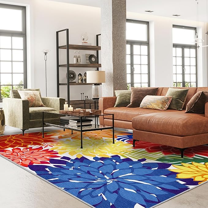 Outdoor Area Rug Washable Multicolored Patio Rug Tropical Botanical Modern Floral Outdoor Carpet Non-Slip for Patio, Deck, Backyard, Porch (8x10)