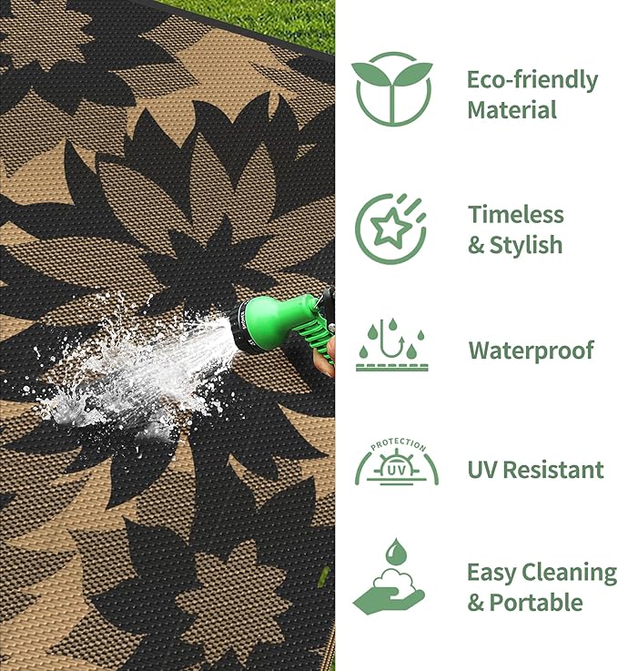 GENIMO Outdoor Rug 6' x 9' Waterproof for Patio Clearance, Reversible Plastic Straw Camping Mat, Light Weight Carpet for Rv, Camper, Deck, Porch, Picnic, Balcony, Beach, I.Black & Brown