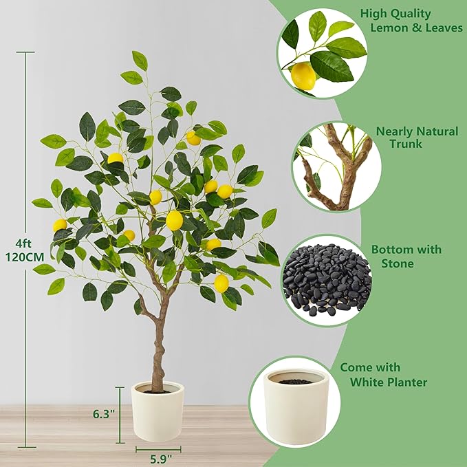 Artificial Lemon Tree, 4ft Tall Fake Lemon Silk Plant with White Planter, Faux Lemon Plastic Fruit Tree for Indoor Home Decor Office Living Room
