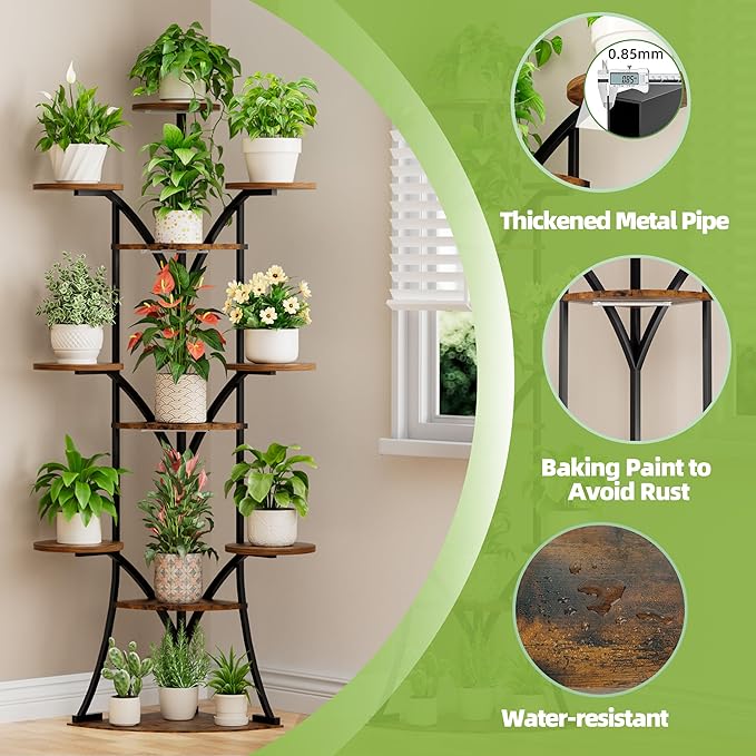 Plant Stand Indoor with Grow Lights-63'' Tall Plant Shelf, Corner Plant Stands for Indoor Growing, Tiered Plant Shelves Large Flower Holder for Indoor Plants, V-Shaped Decorative Rack for Home, Black