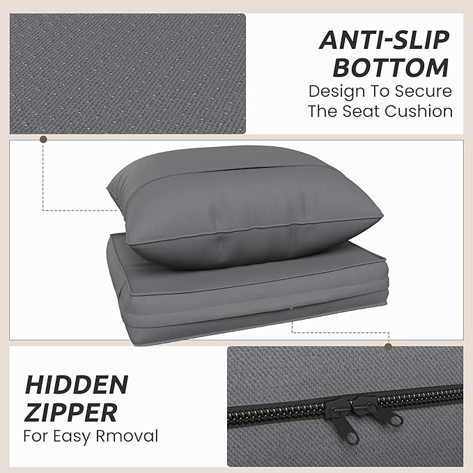 Amopatio Outdoor Chair Cushions 22.5"× 20.3" × 4", Set of 4 with Removable Cover, Waterproof & Fade Resistant seat Cushions for Patio Furniture, Grey