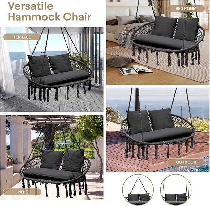 Athena Collection Hammock Swing Chair with 2 Seat, Max 700 Lbs, Outdoor Large Cotton Rope Chair Hanging Macrame Chair with 3 Soft Cushion, Swing Chair for Outdoor Indoor Patio Garden, Black