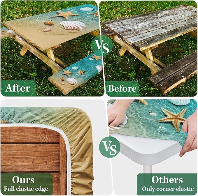 Picnic Table Cover with Bench Covers Elastic Edges, Beach Fitted Table Cover, Outdoor Patio Camping Essentials 96 Inch 3PCS, Waterproof Camping Fitted Tablecloth with Drawstring Bag