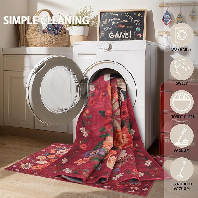 Rug for Hallways Kitchen Rug 2x6, Non Slip Washable Rugs with Rubber Backing Soft Floral Carpet Runner for Hallways, Kitchen, Laundry, Bedroom, Bathroom (2 x 6, Red Garden)