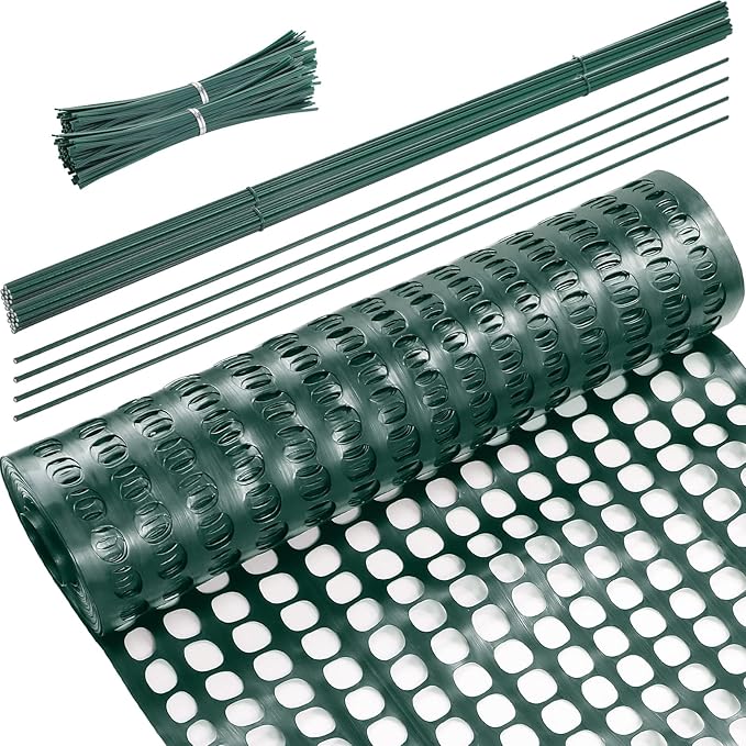 Plastic Garden Fencing Roll Safety Construction Barrier Outdoor Snow Mesh Fence Garden Netting, 1.2 Inch Mesh, Coated Iron Wire Support Stakes, Cable Ties for Garden (Green,2 x 100 Feet)