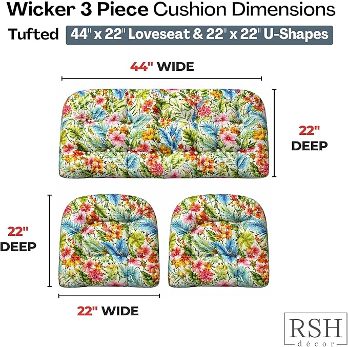RSH DECOR: 3-Piece Wicker Tufted Cushion Set | 44" x 22" Loveseat & 22" x 22" U-Shapes | Outdoor Replacement Cushions | Water & Fade-Resistant Spun Fabric | Made in USA (Carena Multi)