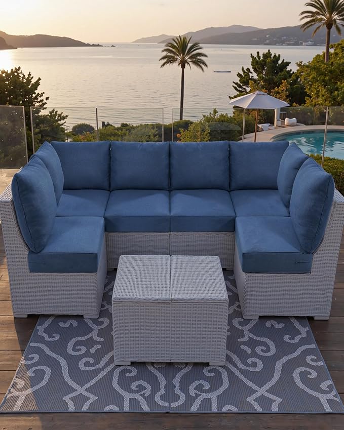 Luxury 24x24x6 Outdoor Seat Cushions for 6-Seat Sectional Sofa Set of 6 - Water-Repellent 14-Piece Patio Cushion Set for Outside Wicker Loveseat Chair L-Shape Couch - Navy Blue/Classic
