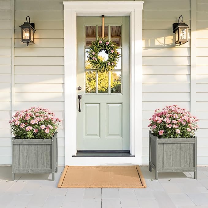 LUE BONA Outdoor Plant Pots Set of 2, 13.7" x 12.5" x 14.5" Flower Pots with Drainage Holes, Outdoor Planter Box for Outdoor Plants - Porch Patio, Garden or Entryway, Light Gray-Oil Printed