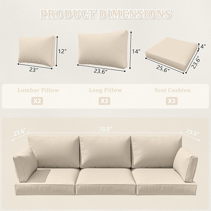 8-Piece Outdoor Cushions for Patio Furniture Thick Outdoor Chair Cushions Resilient Foam Waterproof Deep Seat Cushion Replacement for 3-Seat Sectional Sets Liner&Cover Cream