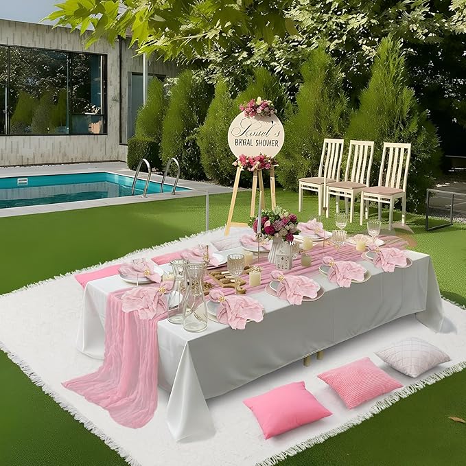 118 x 71" Extra Large Outdoor White Picnic Blankets with Pink Tulle Table Runner Cheesecloth Napkins Plush Throw Pillow Covers Oversize Beach Blanket Essentials for Wedding Picnic Camp(Classic,18)
