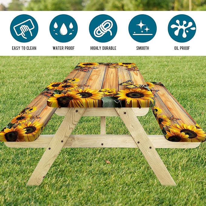 3PCS Picnic Table Cover with Bench Cover, Outdoor Patio Camping Essentials Farmhouse Sunflower Table Covers with Elastic Waterproof Camping Tablecloth with Drawstring Bag, 96In