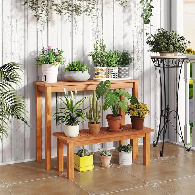 Byroce Outdoor Plant Stand, Indoor Solid Wood Plant Shelf with Slatted Top & Waterproof Finish, Potted Flower Holder Bench, Multi-use Planter Display Rack for Garden, Patio & Entryway (34” x 12” x 13”)