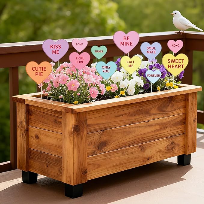 12 Pcs Valentine's Day Planter Stakes for Outdoor Valentine's Yard Decorations Conversation Heart Shaped Yard Signs Decorative Heart Garden Stakes for Outside Lawn Patio Porch Pot Decor