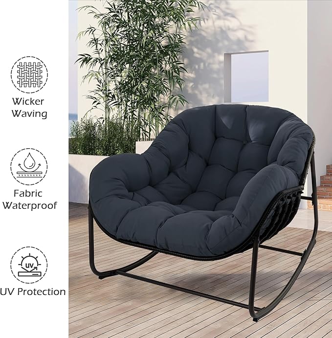 Papasan Rocking Chair, Oversized Papasan Chair with Cushion and Frame for Indoor& Outdoor, Deep Seat Egg-Shaped Rocker Chair for Garden, Deck, Living Room, Blue