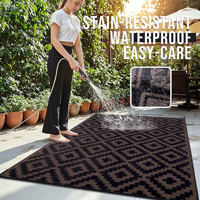 OLANLY Waterproof Outdoor Rug 8x10 ft, Outdoor Plastic Straw Rug for Camping, RV Mat Outside, Outdoor Carpet for Porch, Deck, Backyard, Balcony, Picnic, Black & Brown