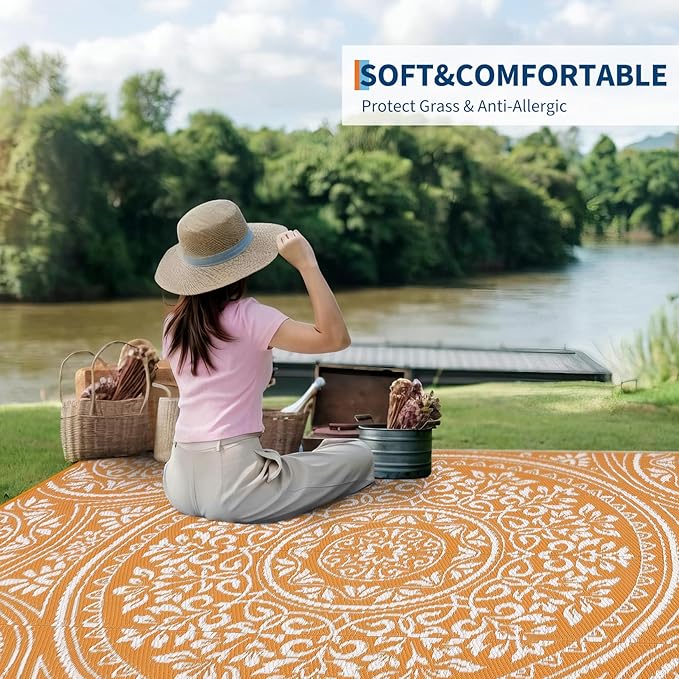 Waterproof Plastic Straw Outdoor Rug 9x18 Patio Reversible UV Resistant Foldable Camping Carpet Boho Floral Large Outdoor Rugs for Deck, Picnic, Porch, Camper, Balcony, Beach，Orange