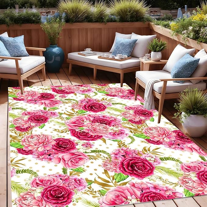 Vibrant Floral Pink Outdoor Rug Modern Contempporary Art Deco Washable Area Rug for Patio Porch Deck Balcony Waterproof Durable Backyard Carpet Cute Garden Large Rugs 9x12
