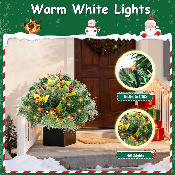 JOYHALO 2 Pack Set 18 Inch Christmas Urn Filler with 60 Warm White Lights, Battery Box with Timer, Xmas Pot Fillers with Branches Berries Pinecones, Outdoor Xmas Trees for Porch Pathway Yard Decor