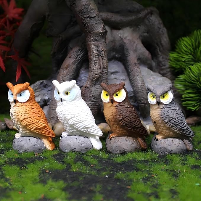 Mini Owl Figurines, Set of 4, Garden Decor Miniatures, Fairy Garden Accessories, Small Owls