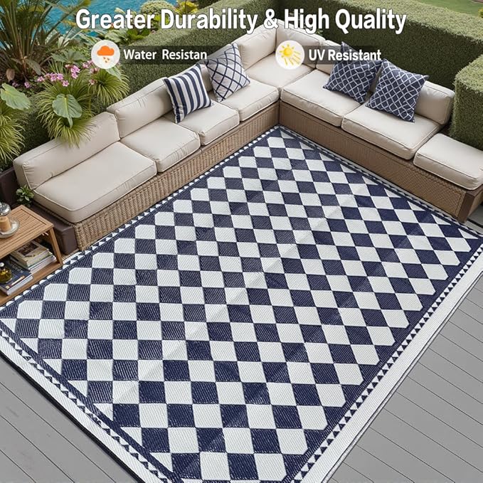 HUGEAR Outdoor Waterproof Rug 8'x10' Plastic Straw Rugs Washable Reversible Floor Mat Blue Plaid Carpet for Camping RV Deck Entryance Porch Picnic Balcony Beach Backyard