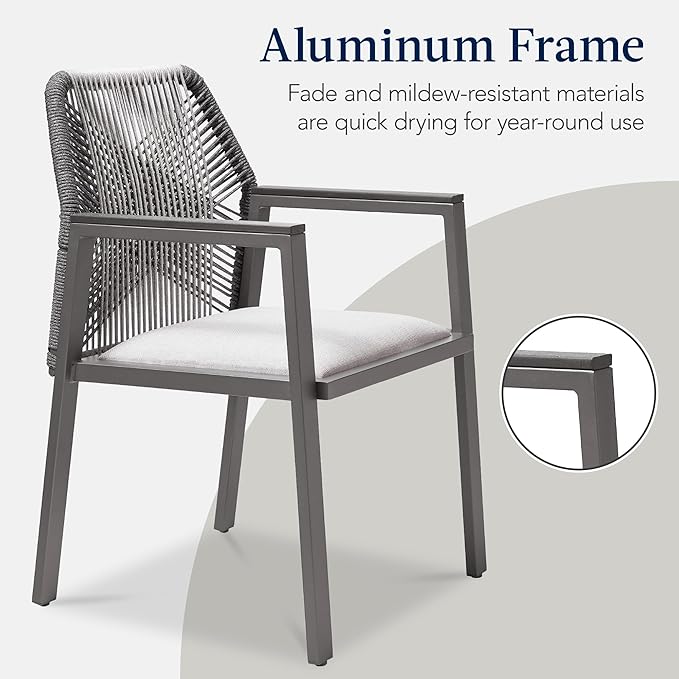 Best Choice Products Outdoor Dining Arm Chair Set of 2, Aluminum Frame with Armrest, All-Weather Woven Rope Chair Design - Charcoal/Graphite