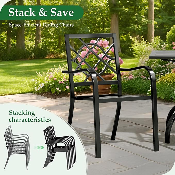 Crownland Patio Wrought Iron Dining Chairs Set of 4, Outdoor Bistro Stackable Metal Chairs with Armrests for Garden, Poolside, Backyard (Black)