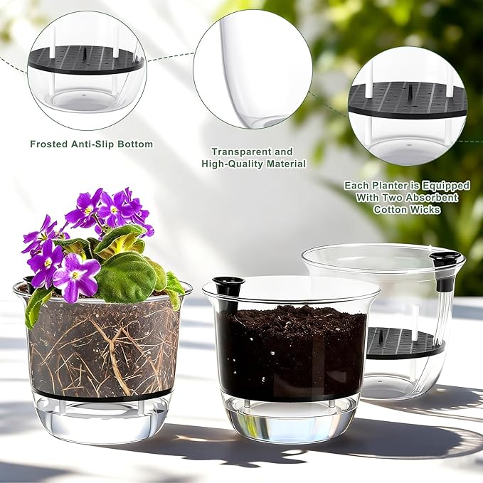 6 Pcs Clear Self Watering Pots for Indoor Outdoor Plants Flowers, 4 Inch Self Watering Planters with Reservoir, Drainage Hole and Absorbent Cotton Rope