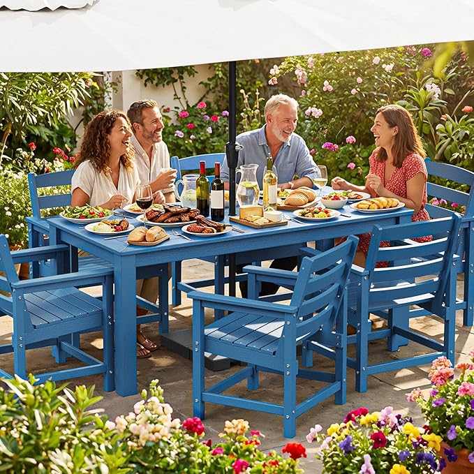 Outdoor HDPE Dining Table, All-Weather Outdoor Table with Umbrella Hole Cut-Out, Patio Furniture for Garden, Backyard, Deck (Blue)
