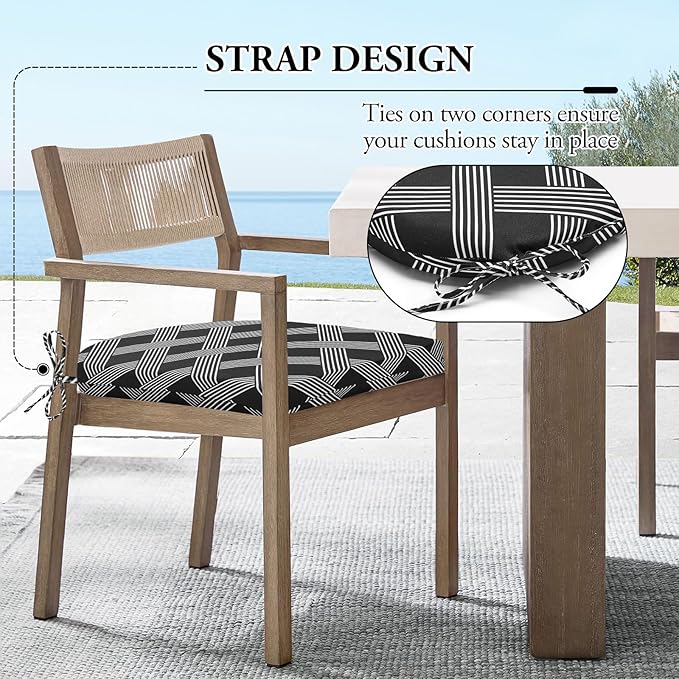 Wellsin Outdoor Chair Cushions for Patio Furniture - Patio Chair Cushions Set of 2 - Water Resistant Round Corner Outdoor Seat Cushions 17"X16"X2", Black Geometry