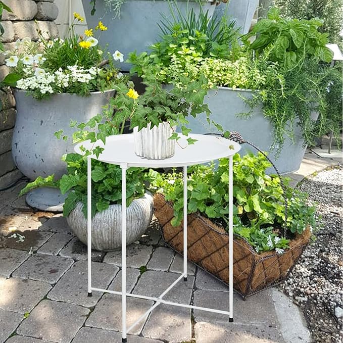 Garden 4 you End Table Metal Side Table White Round Folding Tray Cyan Sofa Small Accent Fold-able Table, Round End Table Tray, Next to Sofa Table, Snack Table for Living Room and Bed Room