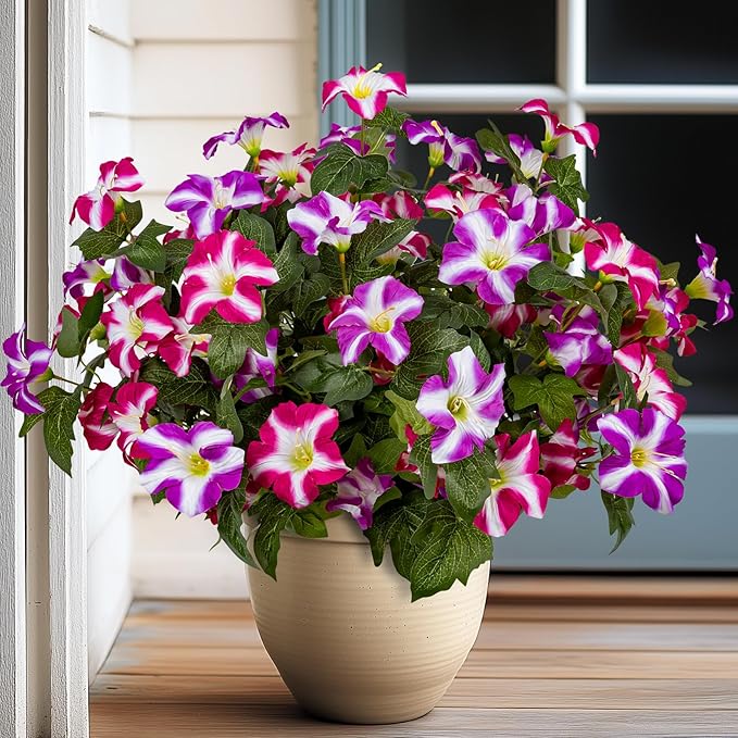 19 Inch Artificial Fake Flowers for Outdoor,4 Pcs Faux Silk Petunias Spring Flowers for Outside for Indoor Porch Planter Front Door Garden Patio Window Box Home Decor(Double Red Lotus)