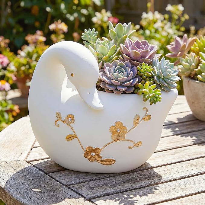 Swan Flower Pot - Unique Resin Sculpture, Enchanting Decorative Garden Planter, Elegant Swan Vase for Succulents & Air Plants, Indoor/Outdoor Use, Durable & Whimsical Design (White)