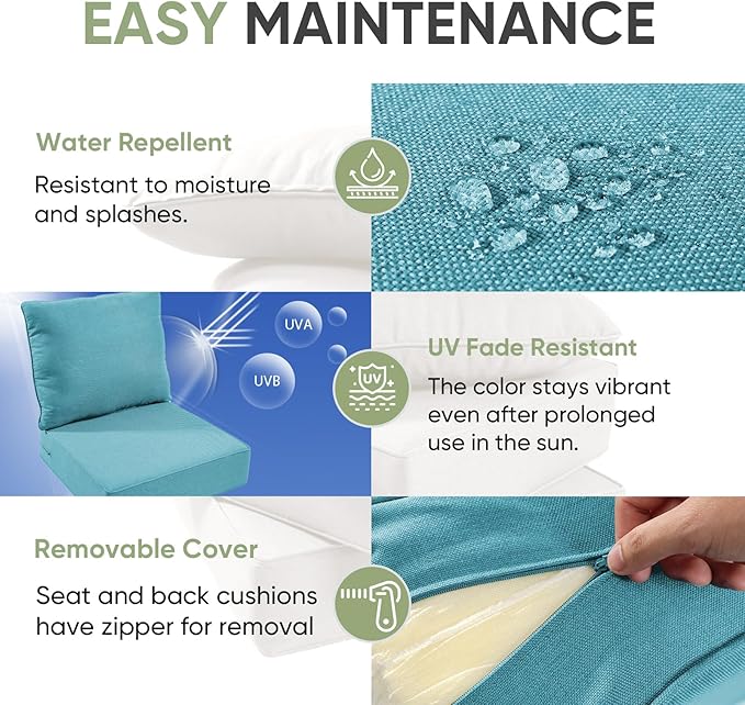 Outdoor Chair Cushion, 6 inch Thick Outdoor Cushions for Patio Furniture, 22x24 Waterproof Patio Chair Cushions, Include 1 Seat Cushion & 1 Back Pillow, Thick/Cyan Blue