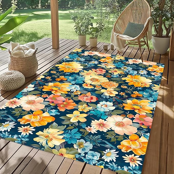 Vibrant Boho Modern Outdoor Floral Rug for Patio Deck Porch Garden Balcony Teal Blue Yellow Pink Flower Pattern Outdoor Area Rug 10x12 Washable Waterproof Camping Outside Carpet Non Slip Large Mat