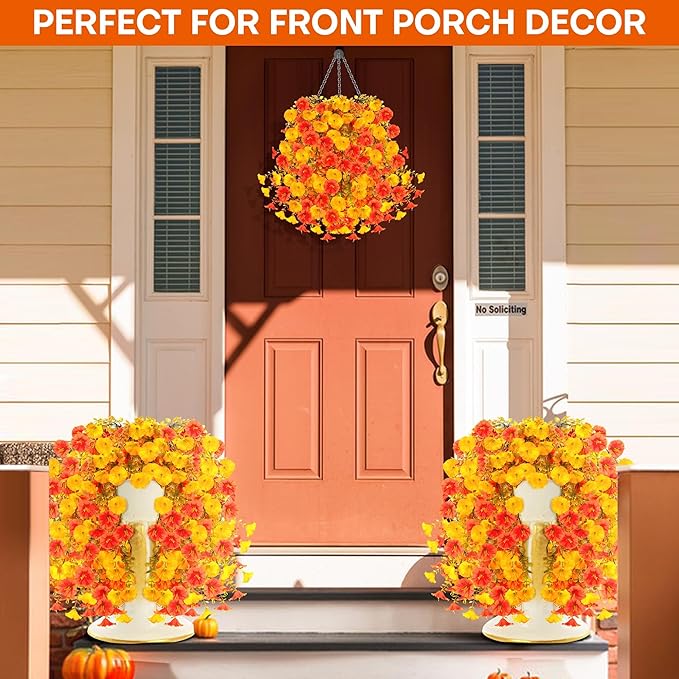 2PCS Artificial Hanging Flowers Outdoors Fake mums Plants Garden Home Decoration Fall Decor Morning Glory for Outside Planter Front Porch Patio Indoor Home Wedding Garden Porch Window Decoration