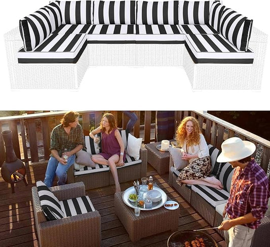 Outdoor Sectional Cushions Replacement Set, 26x26in Patio Furniture Cushions, 14 Pieces Waterproof Outdoor Couch Cushion for 6 Seat Wicker Conversation (Black and White Stripes)