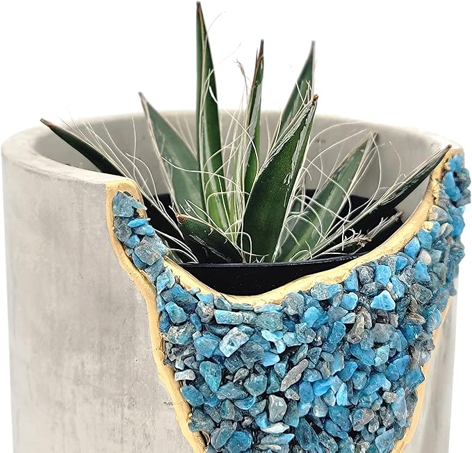 4 Inch Crystal Plant Pot with Saucer - Cement Geode Planter - Concrete Pots for Plants - Modern Succulent Pot Indoor - Unique Air Plant Holder - Candle Holder - Small Plant Home Decor (Blue Apatite)