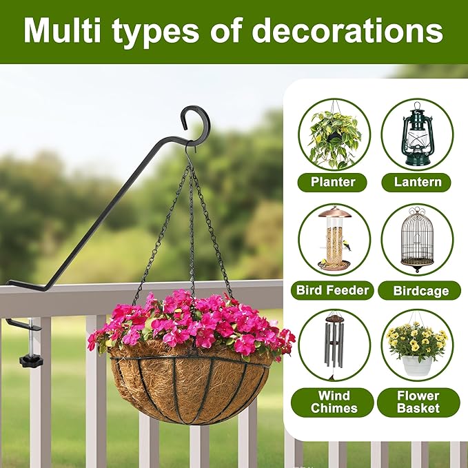 Adnee 4 Pcs Deck Bird Feeder Hanger for Railing-12.5 Inch Deck Railing Plant Hanger with Non Slip Clamp-Deck Rail Planter Hooks for Suet Baskets,Lanterns,Wind Chimes