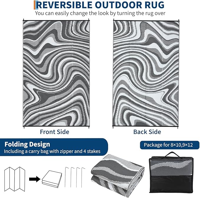Outdoor Rug 5x8 Waterproof Patio Rugs Modern Abstarct Reversible Mat for Front Door Rv Foldable Plastic Straw Carpet for Travel Trailers, Deck, Porch, Camper, Balcony, Beach，Black/Grey