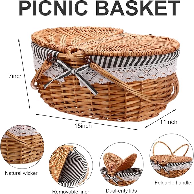 Picnic Basket with Blankets and Bamboo Plates Picnic Supplies Set Basket with Lid and Handle Wicker Picnic Basket Sturdy Woven Body with Washable Lining for Camping(Grey)